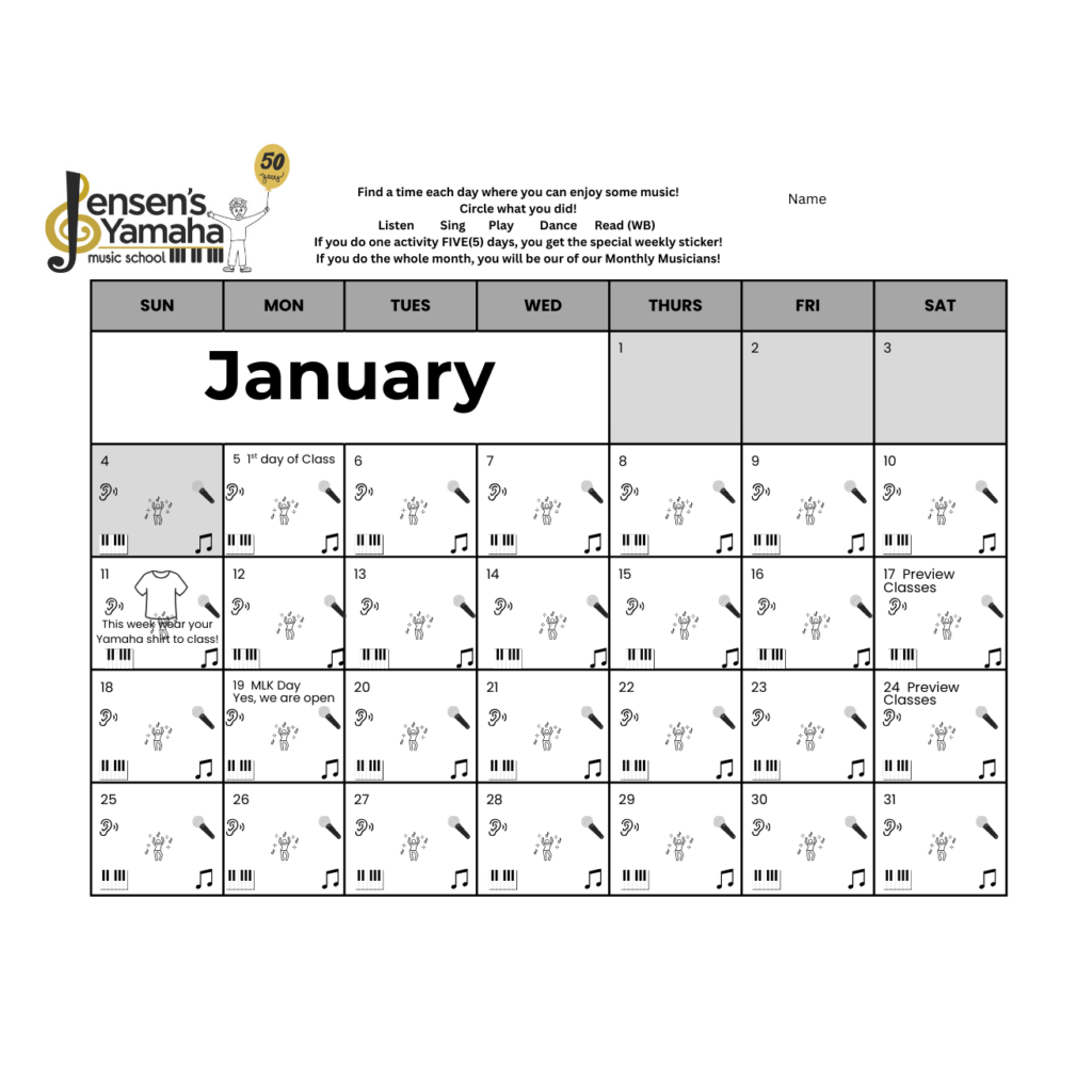 january calendar to track practicing in the happy new year