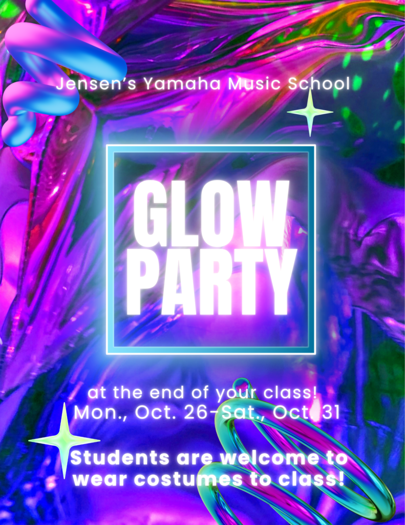 Flyer about a glow party that is happening at the end of regularly scheduled music classes.