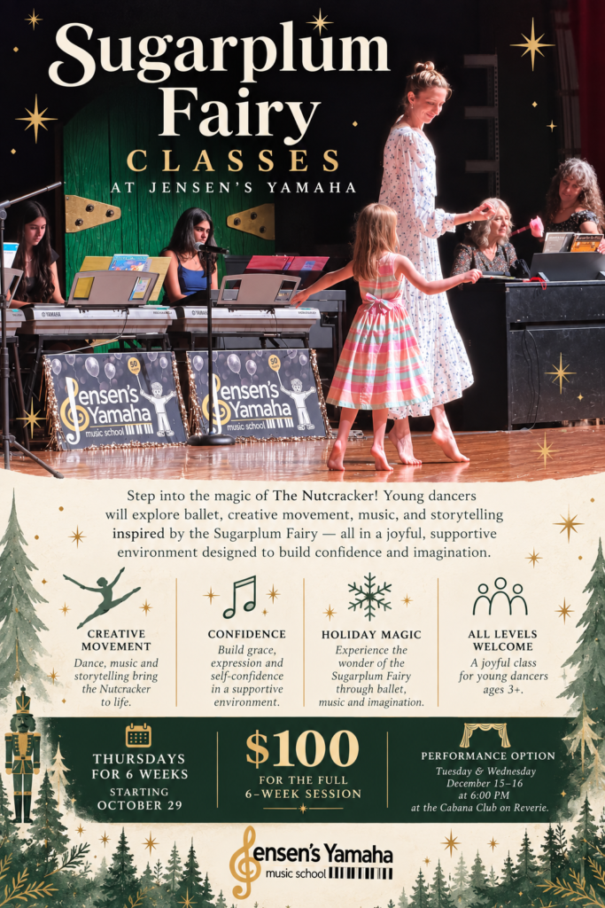 Green Sugarplum fairy classes flyer with a mom and daughter dancing